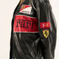 Side view of ferrari red black leather jacket showing scuderia ferrari patch, F1 sleeve detail, and premium leather texture