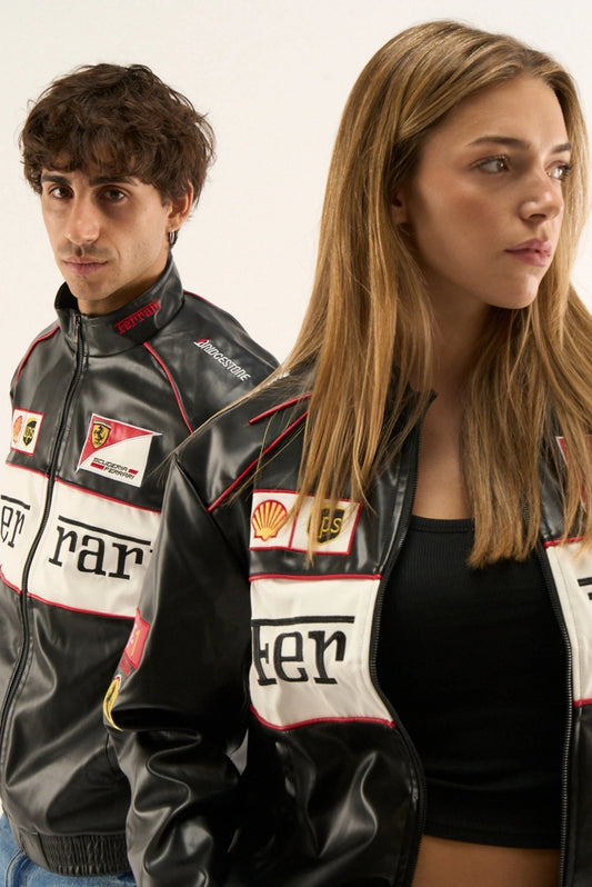 Unisex Black and white Ferrari leather jacket in black and white styled for modern streetwear and motorsport fashion
