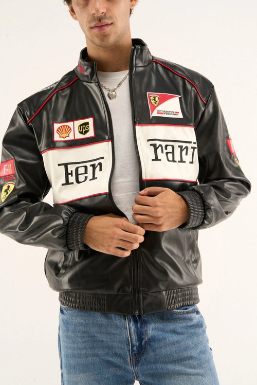 Ferrari black white racing jacket worn by male model showing Scuderia Ferrari badge and racing inspired leather finish