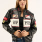 Black and white Ferrari leather jacket front view on female model featuring F1 racing patches and premium motorsport design