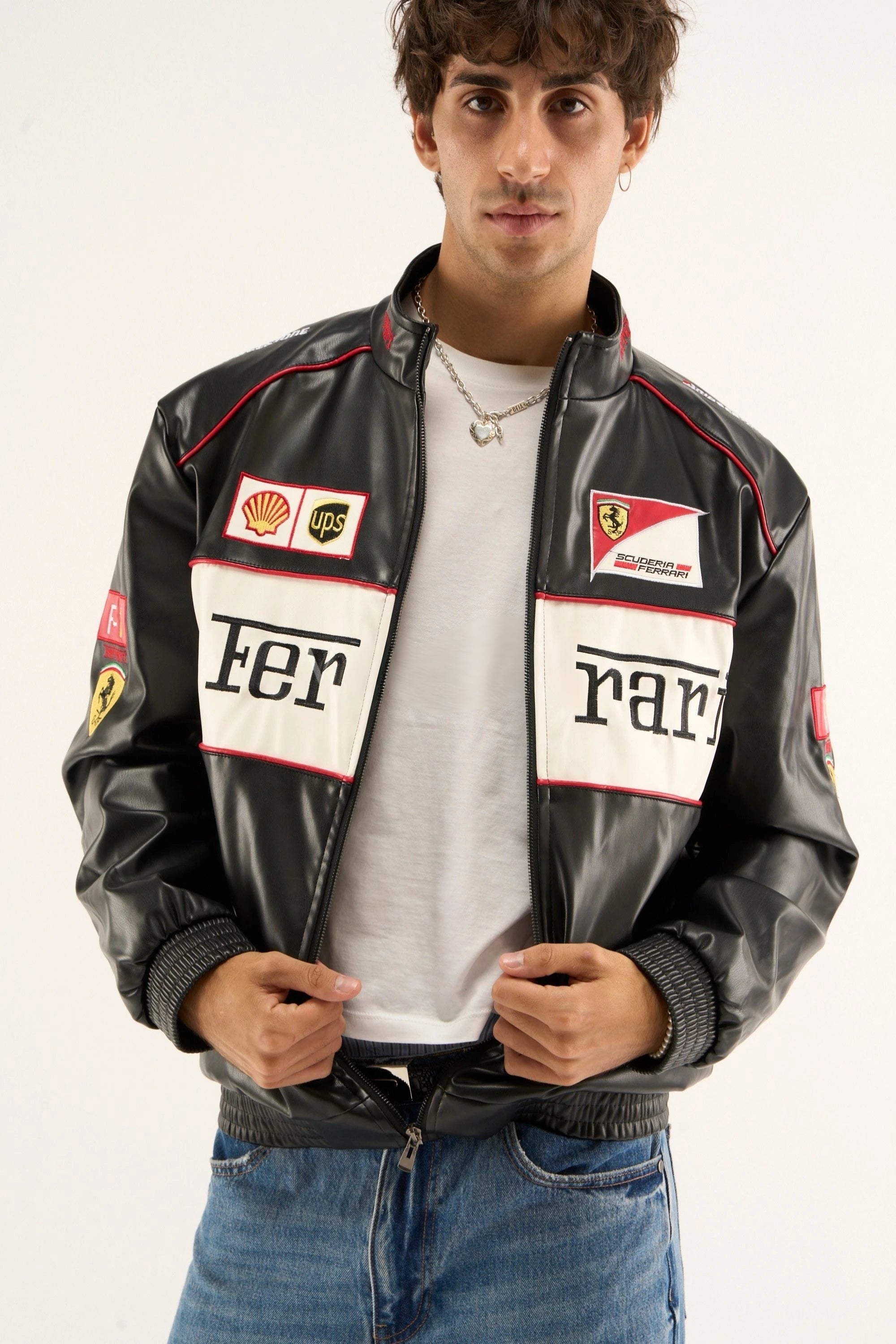 Black & White Ferrari Leather Jacket – F1 Racing Style – Gigavibe