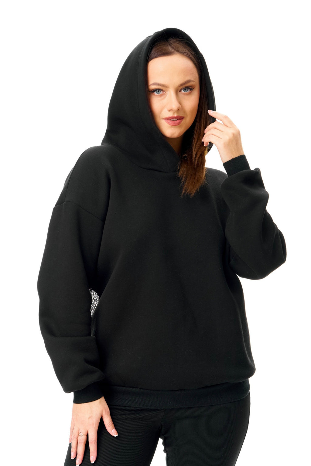 Gigavibe Dazhbog rhinestone hoodie front view for women in black color featuring premium streetwear design with soft fabric, modern oversized fit, and stylish luxury fashion look perfect for winter, casual wear, and trendy street style in India