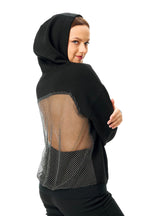 Back view of Gigavibe black Dazhbog rhinestone hoodie showcasing crystal mesh hoodie design with sparkling rhinestone detailing, breathable backside net hoodie structure, and luxury streetwear sparkle pattern ideal for party wear and premium fashion styling