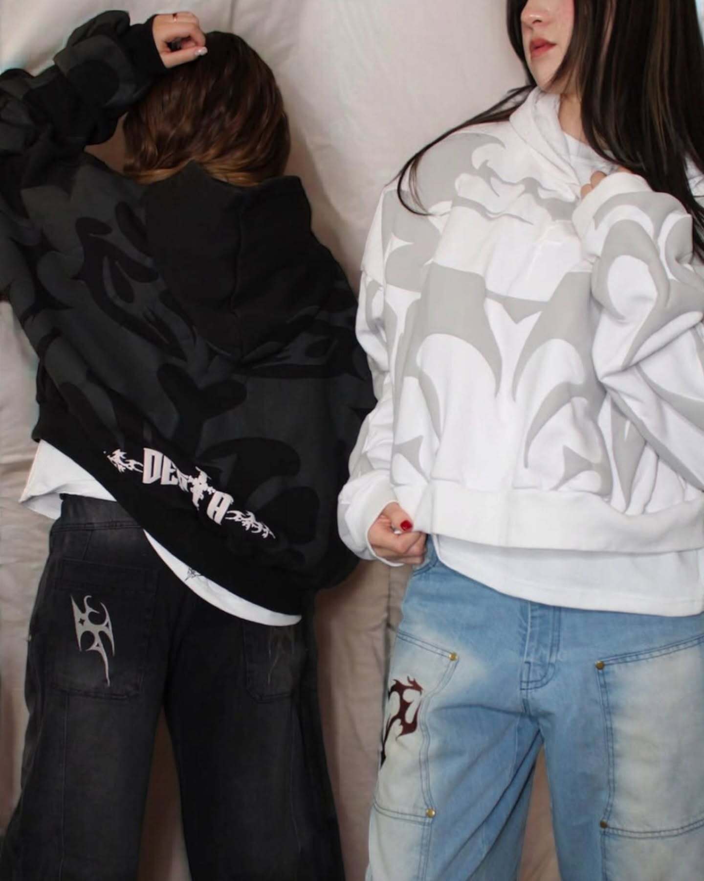 Unisex Depth Hoodie white front and back angle showcasing oversized fit
