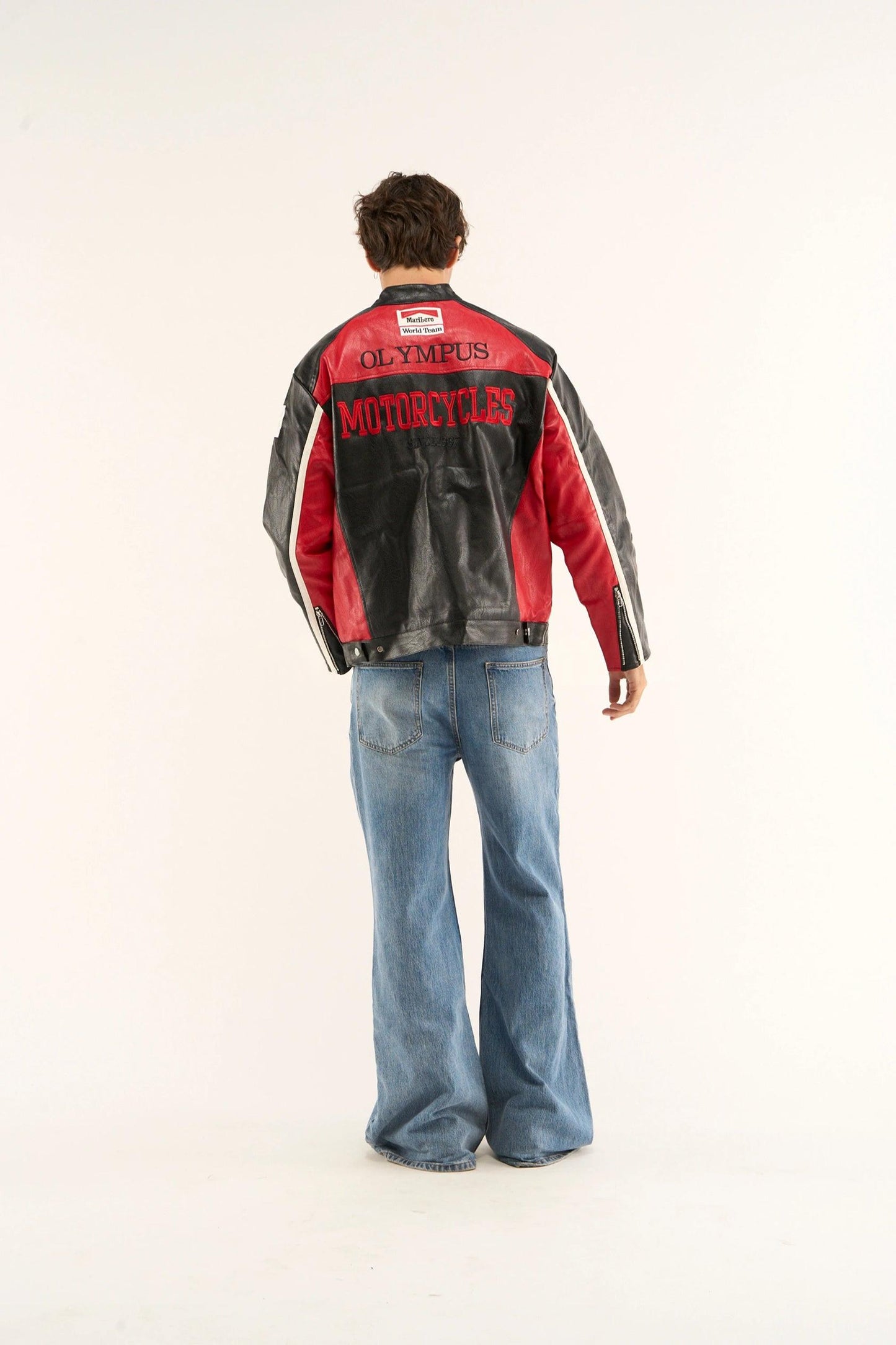 Back view of Ferrari Olympus Jacket showing bold red and white racing panels.