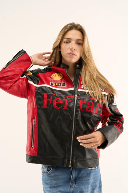 Ferrari Olympus Jacket displayed with its premium leather finish and racing design.