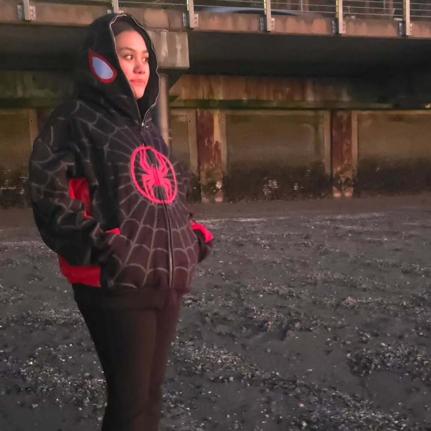 Gigavibe Spidey hoodie with drawstring hood – side angle view