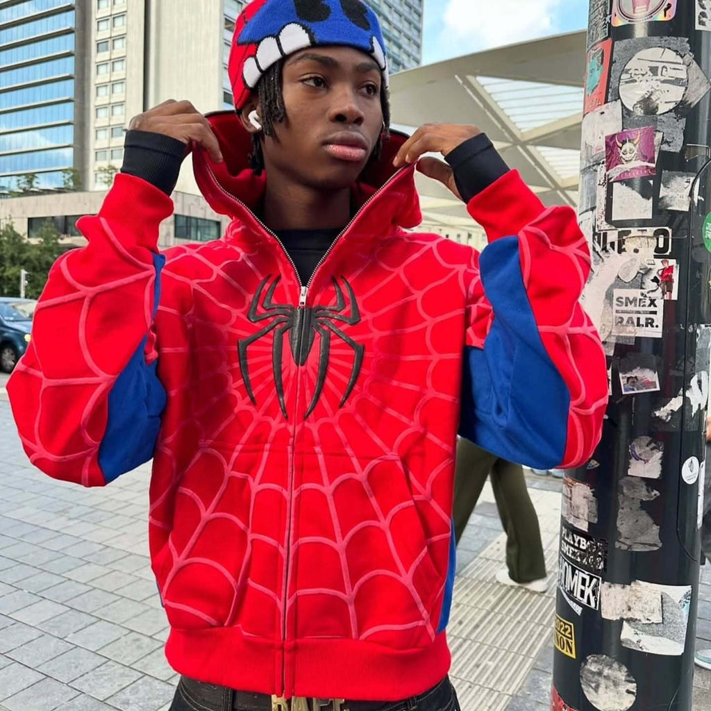Model wearing Spidey zip up hoodie in red and blue – Gigavibe apparel