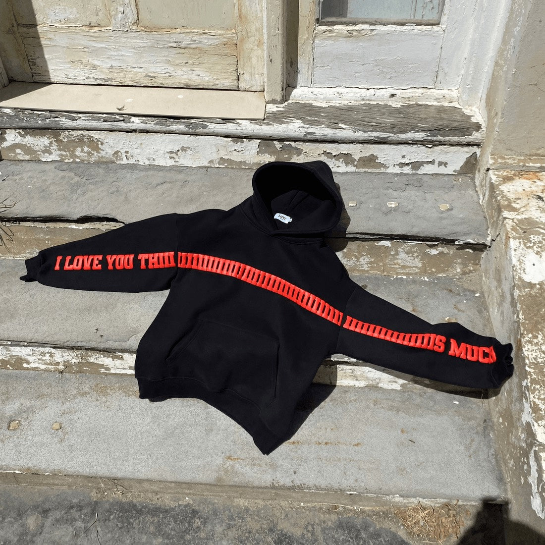 Oversized I Love You This Much Hoodie – cozy romantic graphic hoodie for men and women.