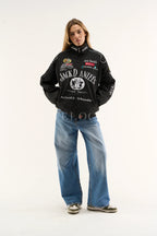 Premium embroidered Jack Daniels streetwear jacket close up logo
