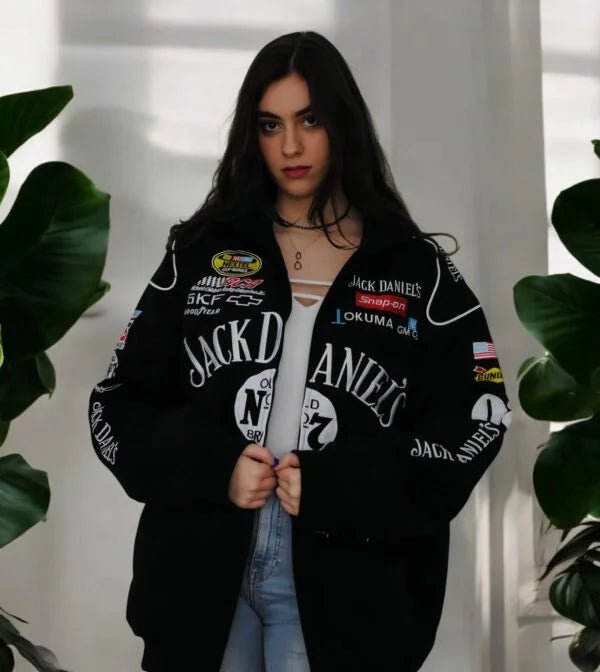 Women wearing a Premium Jack Daniels jacket modern look multiple brand logos.
