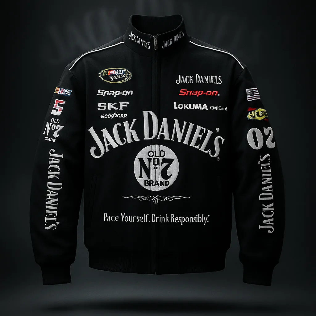 Jack Daniels jacket front view with bold racing logos and premium whiskey branding by Gigavibe