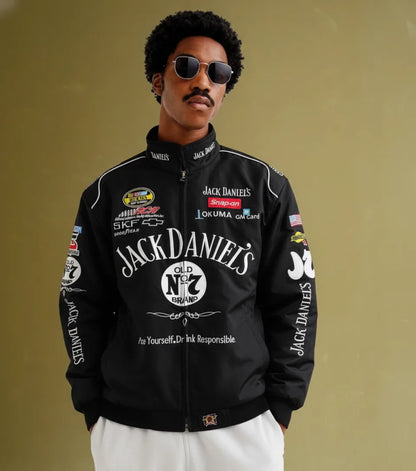 Model wearing Jack Daniels jacket with printed logo and streetwear fit, premium JD jacket India