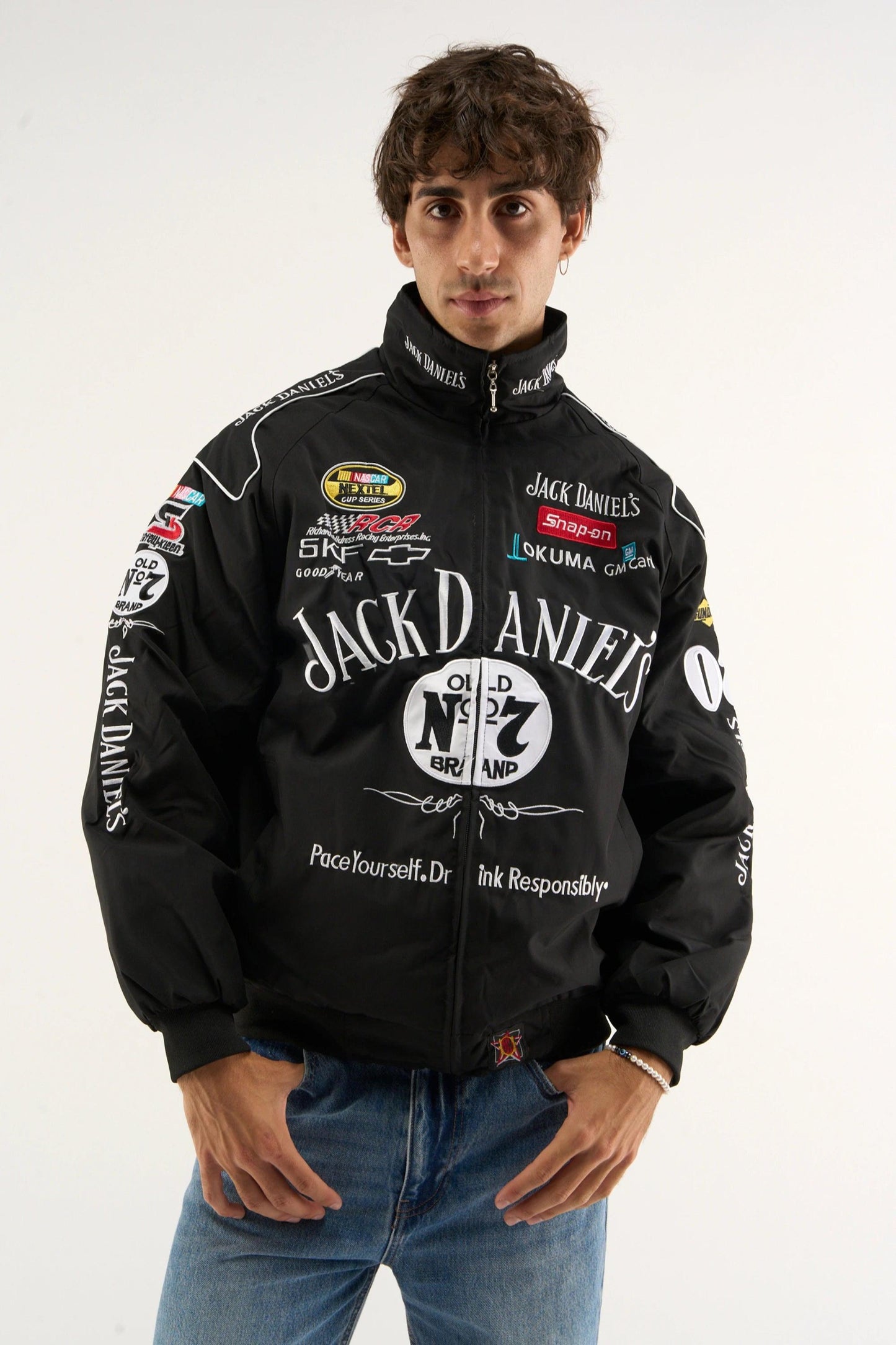 Jack Daniels embroidered jacket black bomber front view for men