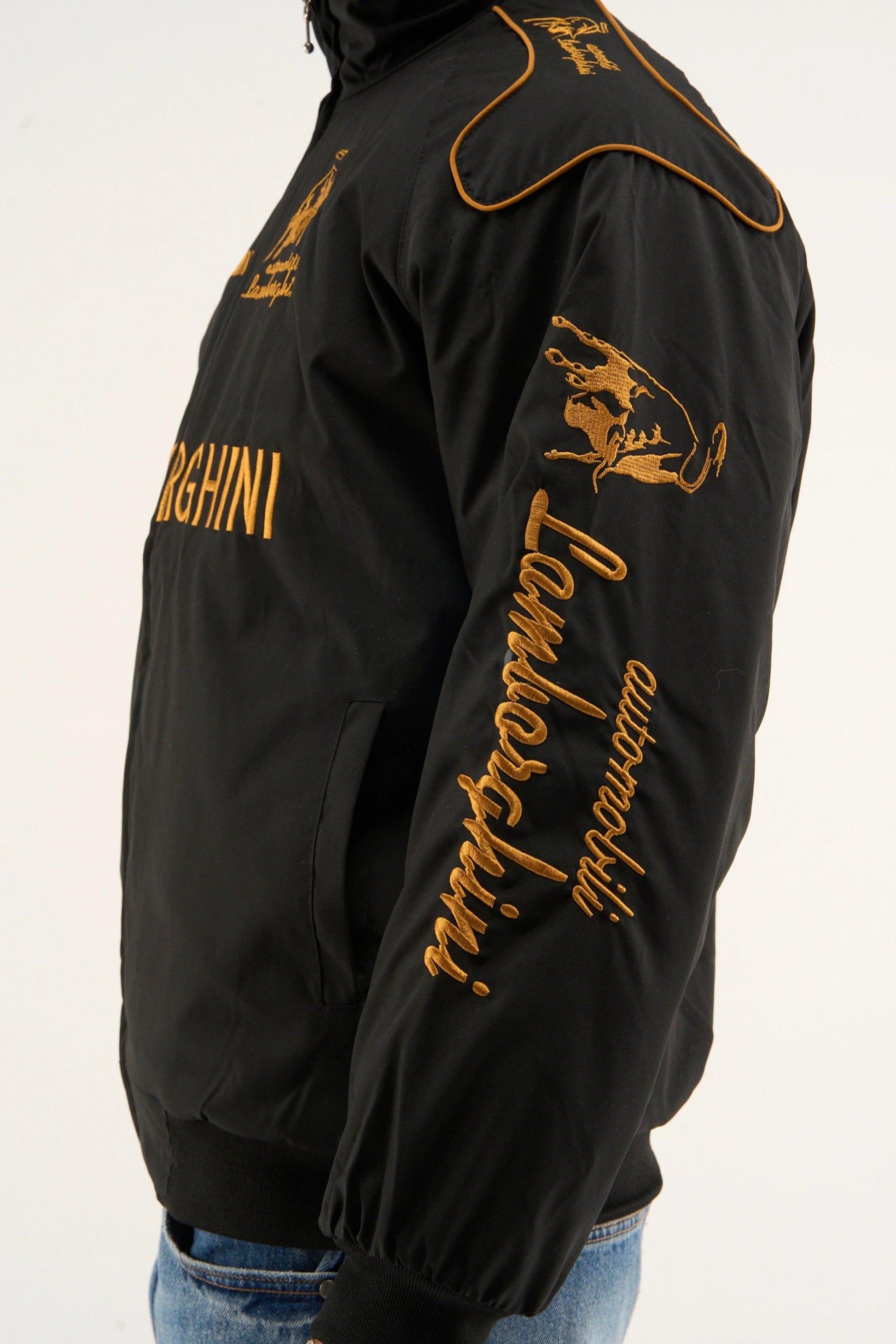 Side profile of Lamborghini racing jacket embroidered detailing on a white background