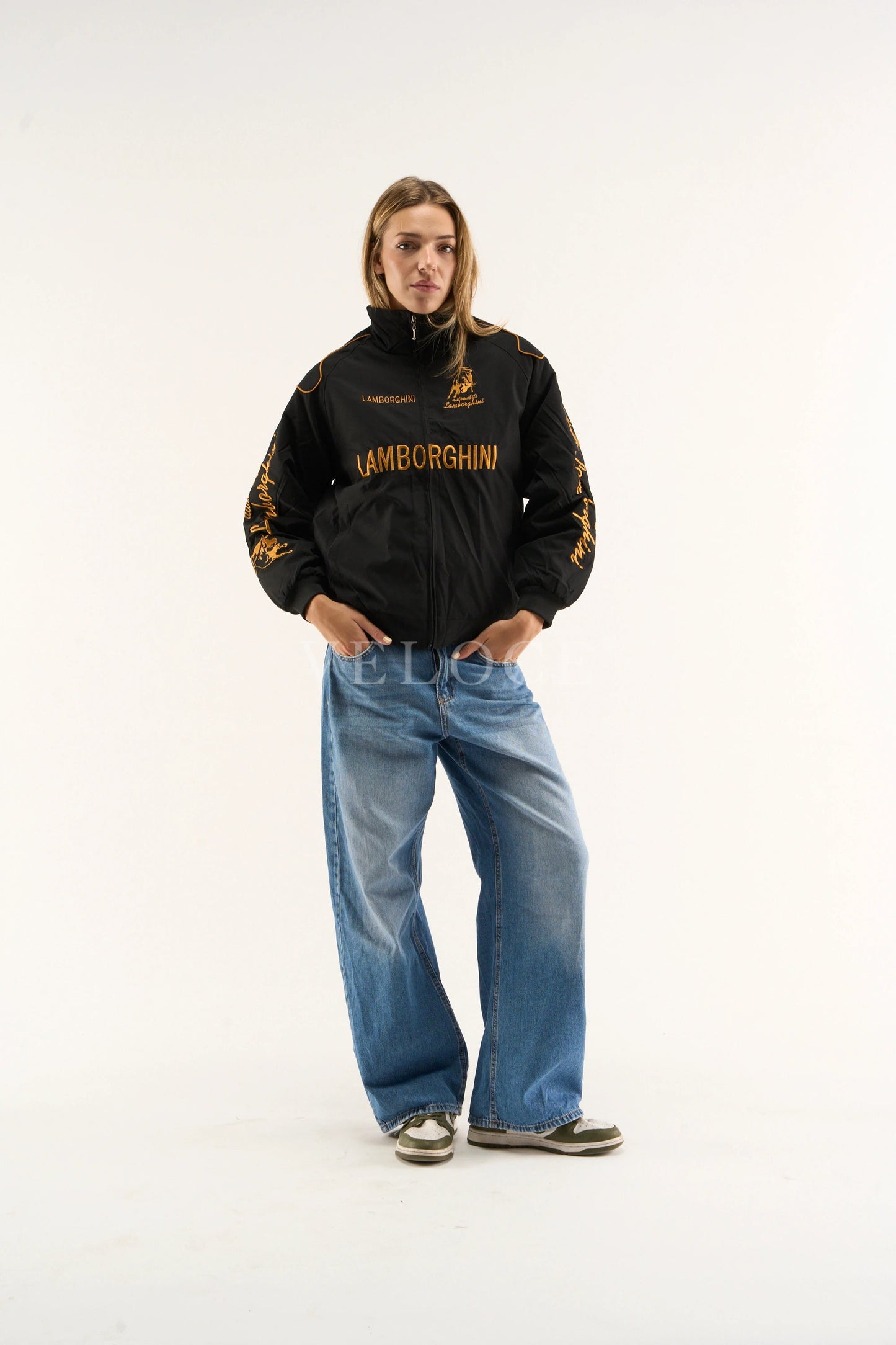 Premium lamborghini embroidered jacket black parachute fabric texture