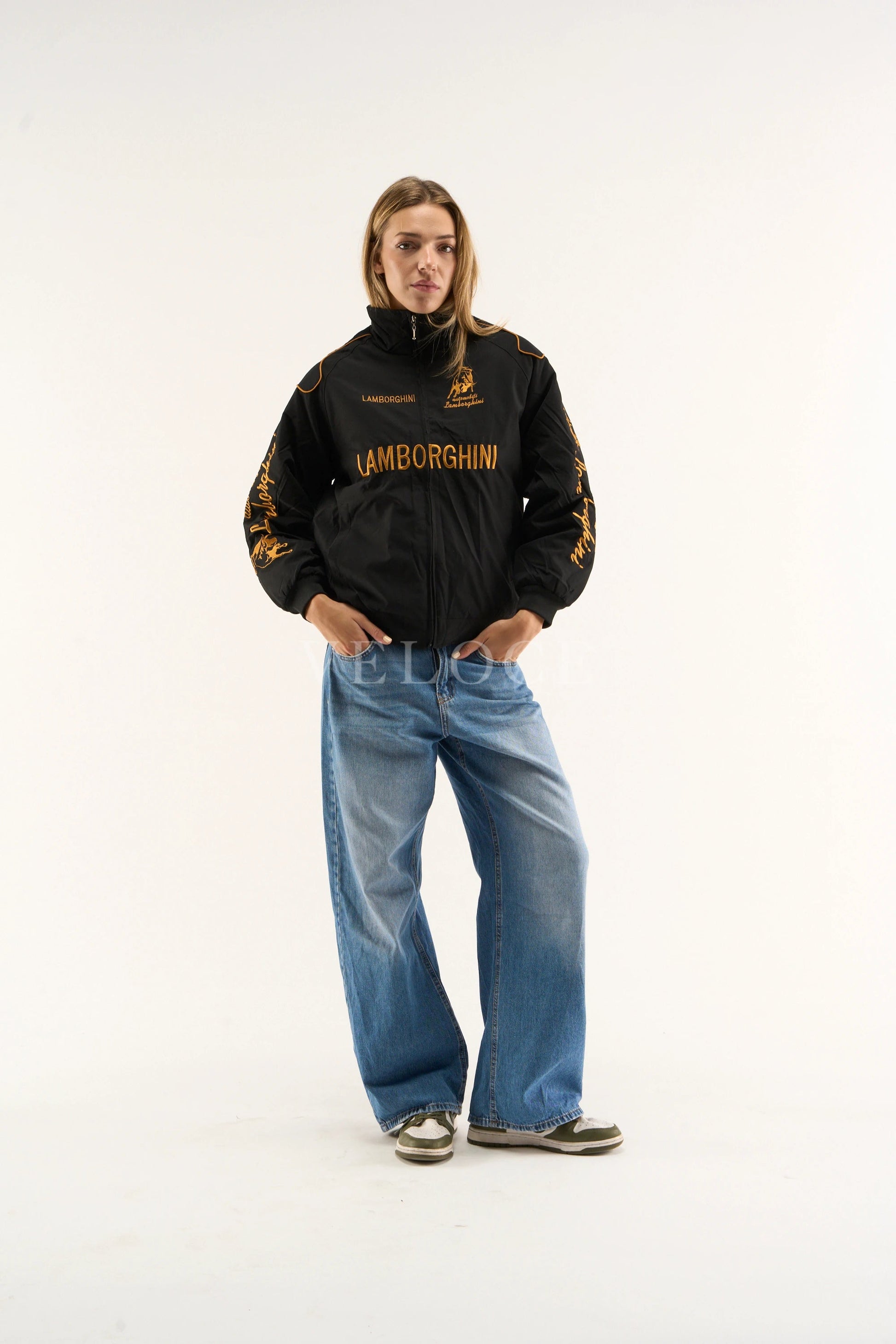 Premium lamborghini embroidered jacket black parachute fabric texture