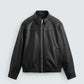 Black faux leather bomber jacket zipper and pocket detail