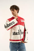 Front view of Marlboro jacket showing detailed motorsport logos and stitched lettering.