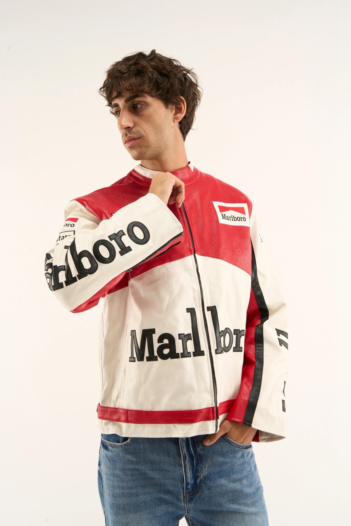 Front view of Marlboro jacket showing detailed motorsport logos and stitched lettering.