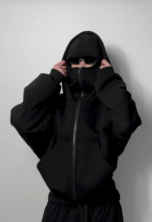Black full-zip balaclava hoodie with mask – streetwear style