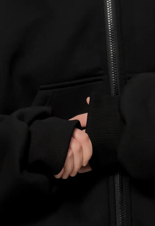 Close-up of soft fleece fabric and zipper on balaclava hoodie