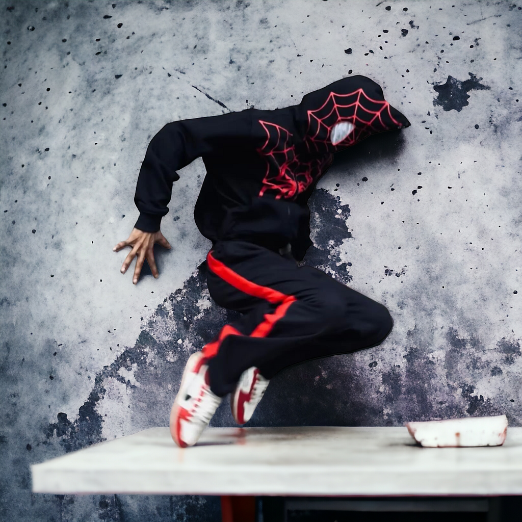 Side View Spider-Man Hoodie Sleeve Detail – Red Web Print on Black Fleece
