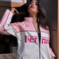 Front zipper design of pink Ferrari streetwear jacket