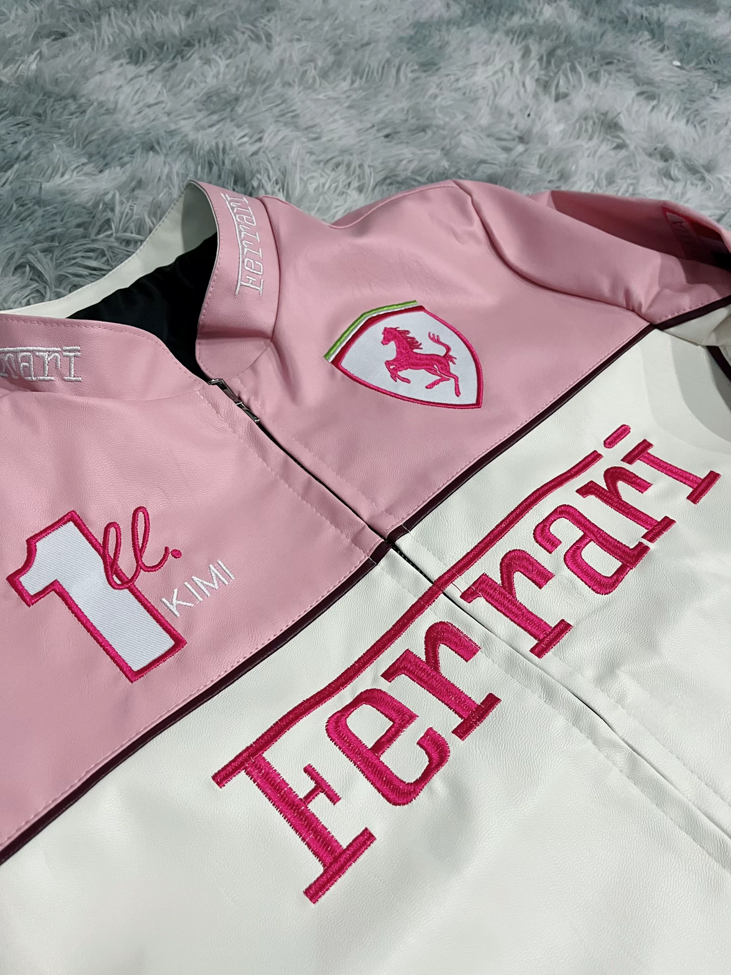 Premium Faux Leather Detailing on Pink Ferrari Jacket