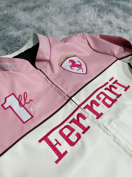 Premium Faux Leather Detailing on Pink Ferrari Jacket