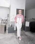 Model Wearing Pink Ferrari Leather Jacket Women’s Fit