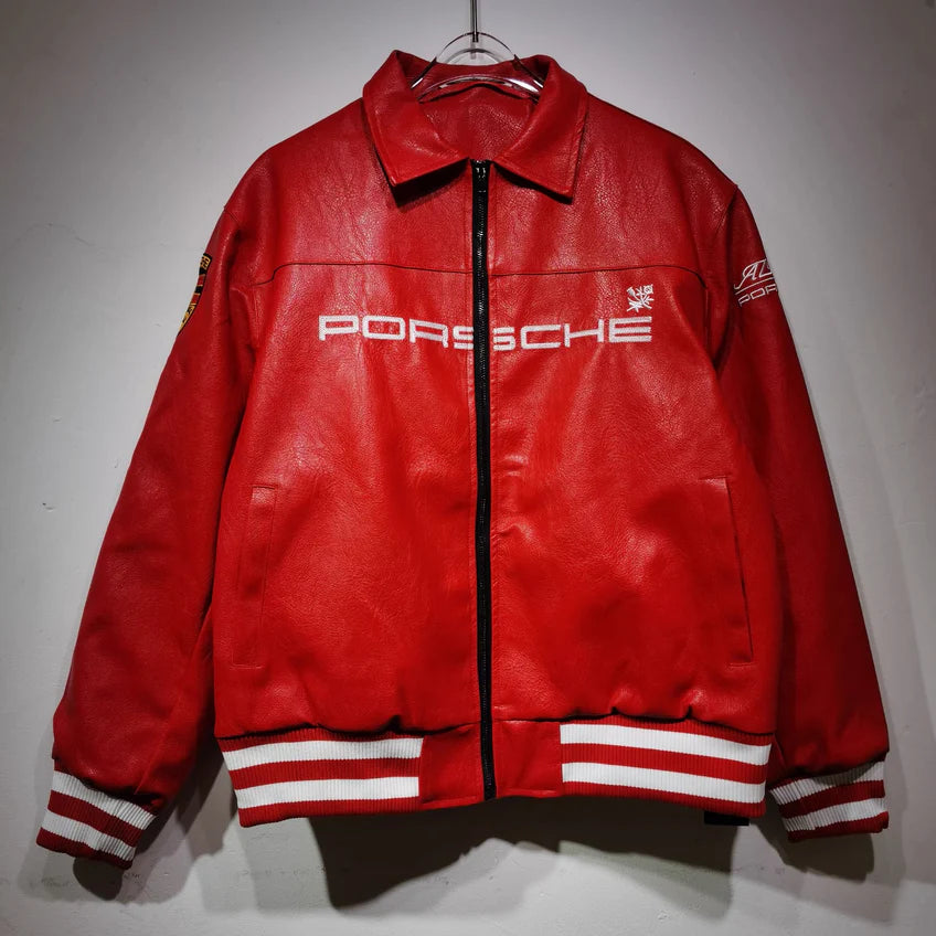 Red Porsche 993 leather jacket front view with Porsche logo – Gigavibe luxury racing jacket
