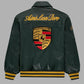 Dark green Porsche 993 vintage leather jacket back view with yellow Porsche logo – Gigavibe retro racing style