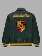 Dark green Porsche 993 vintage leather jacket back view with yellow Porsche logo – Gigavibe retro racing style