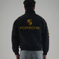 Back view of embroidered racing jacket Porsche design streetwear fit