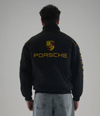 Back view of embroidered racing jacket Porsche design streetwear fit