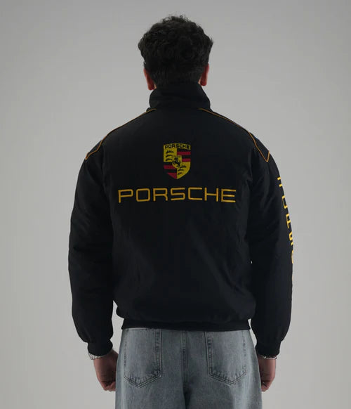 Back view of embroidered racing jacket Porsche design streetwear fit
