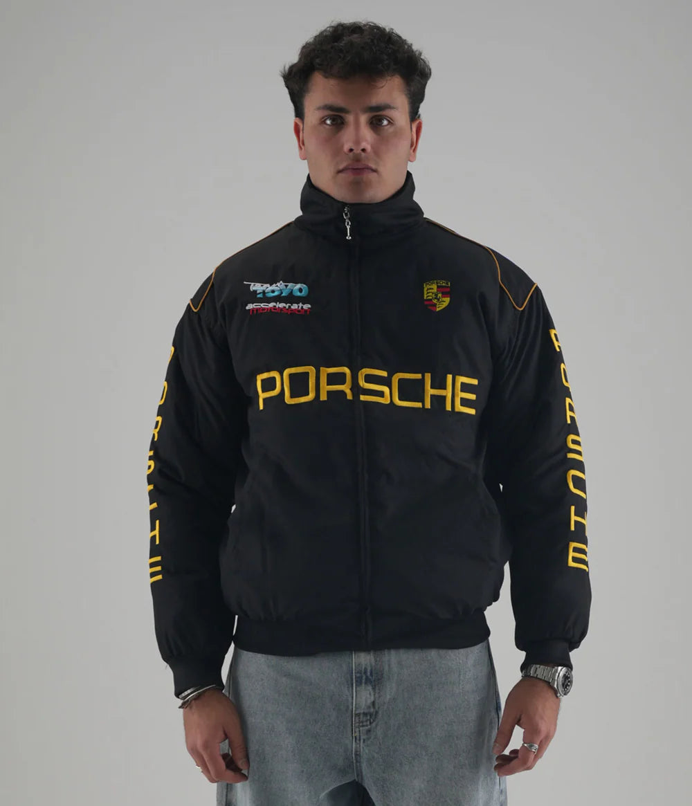 Front view of Gigavibe Porsche Jacket Embroidered racing jacket