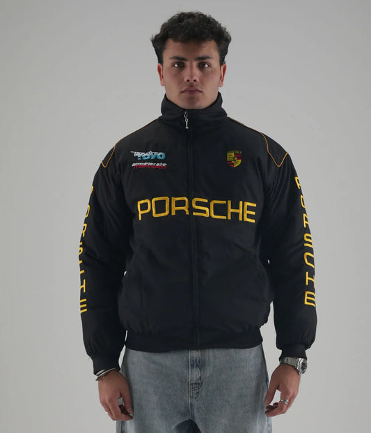 Front view of Gigavibe Porsche Jacket Embroidered racing jacket