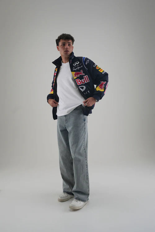Red Bull Bomber Jacket styled with jeans and white t-shirt – Gigavibe streetwear racing jacket style