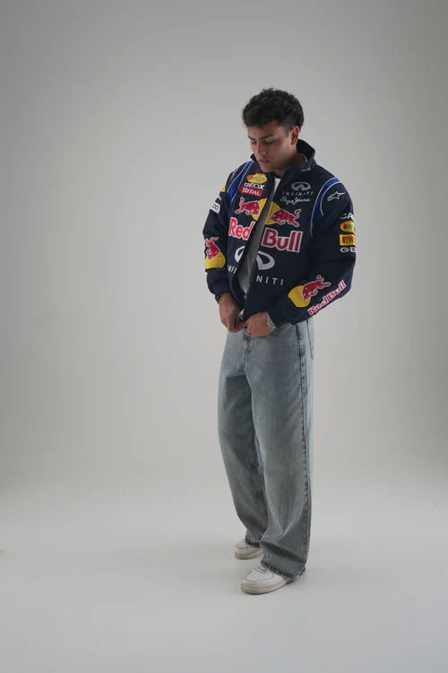 Red Bull Embroidered Jacket for men, motorsport-inspired streetwear fashion – Gigavibe