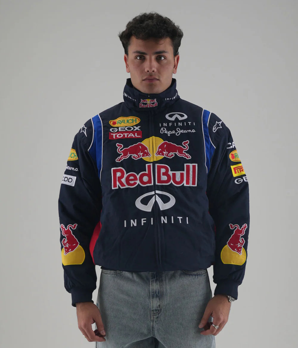 Front view of authentic Red Bull Racing Jacket Embroidered with Infiniti and sponsor logos – Gigavibe