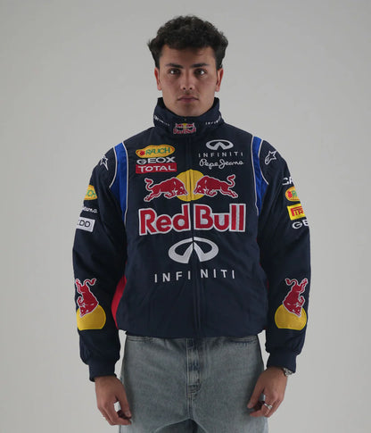 Front view of authentic Red Bull Racing Jacket Embroidered with Infiniti and sponsor logos – Gigavibe