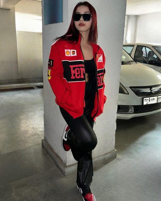 Stylish Red Ferrari Racing Jacket featuring bold motorsport aesthetics and luxury fashion