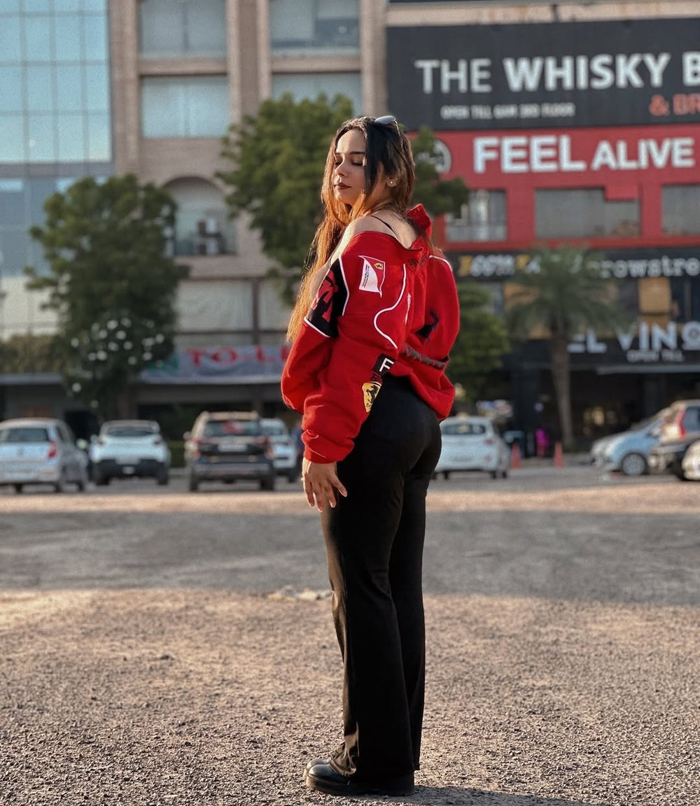 Red Ferrari Jacket with a racing-inspired silhouette, designed for ultimate street style