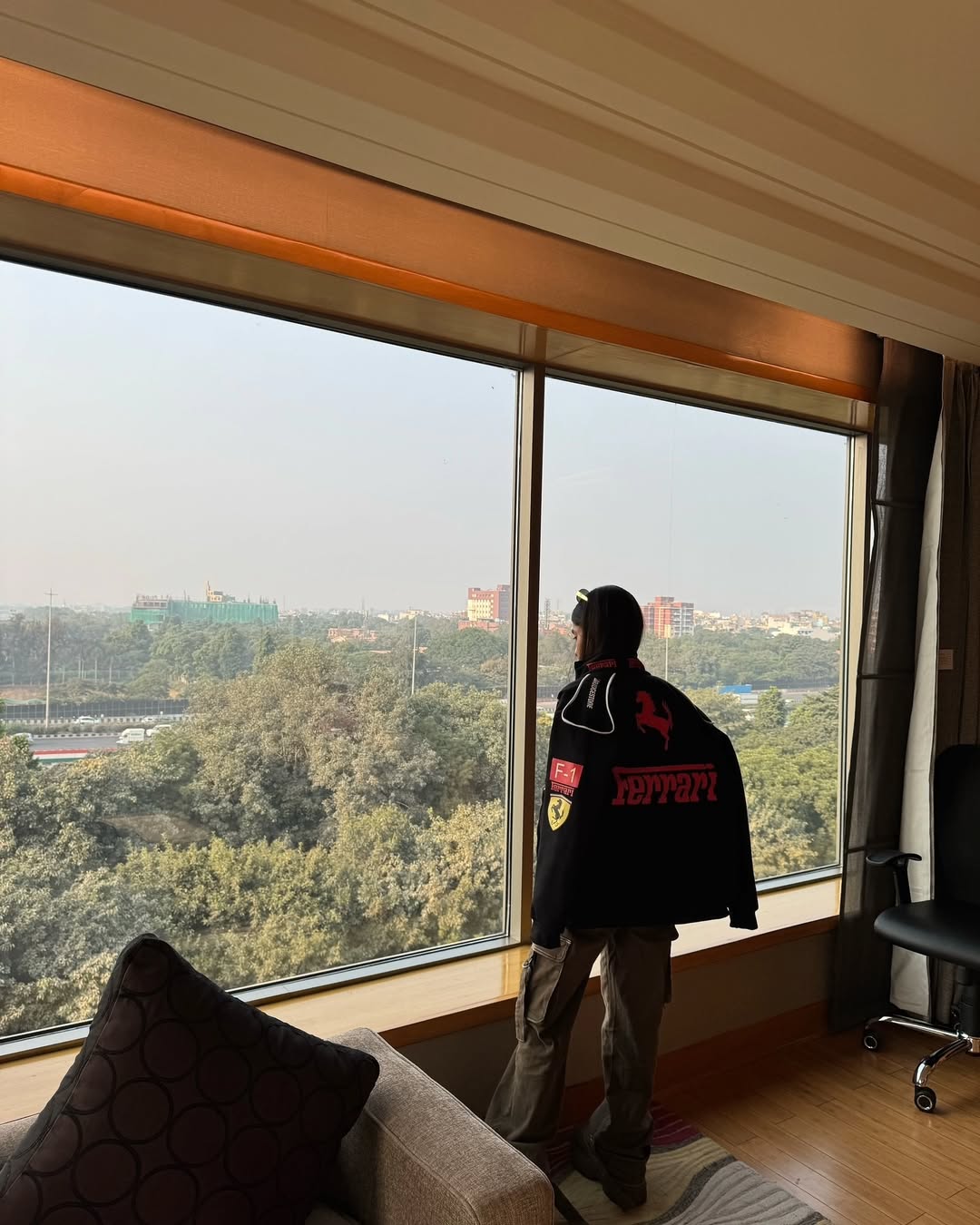 Anushka Sen in a Black Ferrari Jacket, a perfect mix of luxury, speed, and streetwear aesthetics