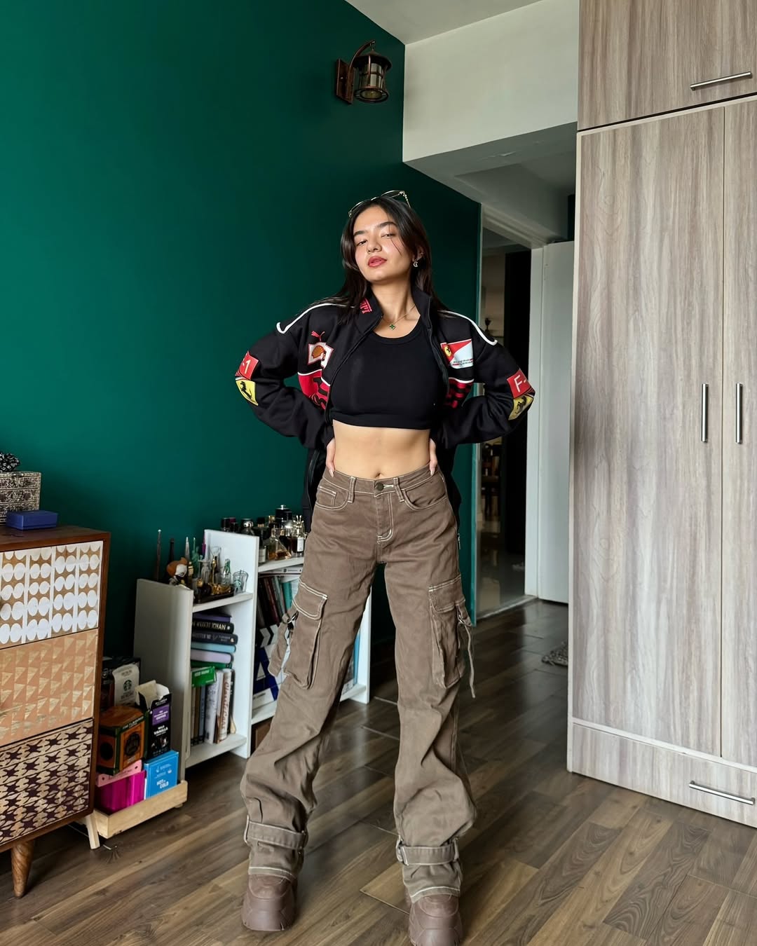 Anushka Sen rocking a premium Black Ferrari Jacket, exuding confidence and bold fashion energy