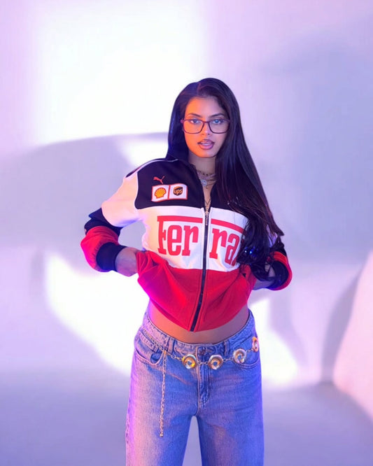 Eye-catching Red Vintage Ferrari Jacket, perfect for racing and streetwear lovers