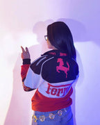 Sporty Red Vintage Ferrari Jacket, blending classic F1 heritage with modern fashion