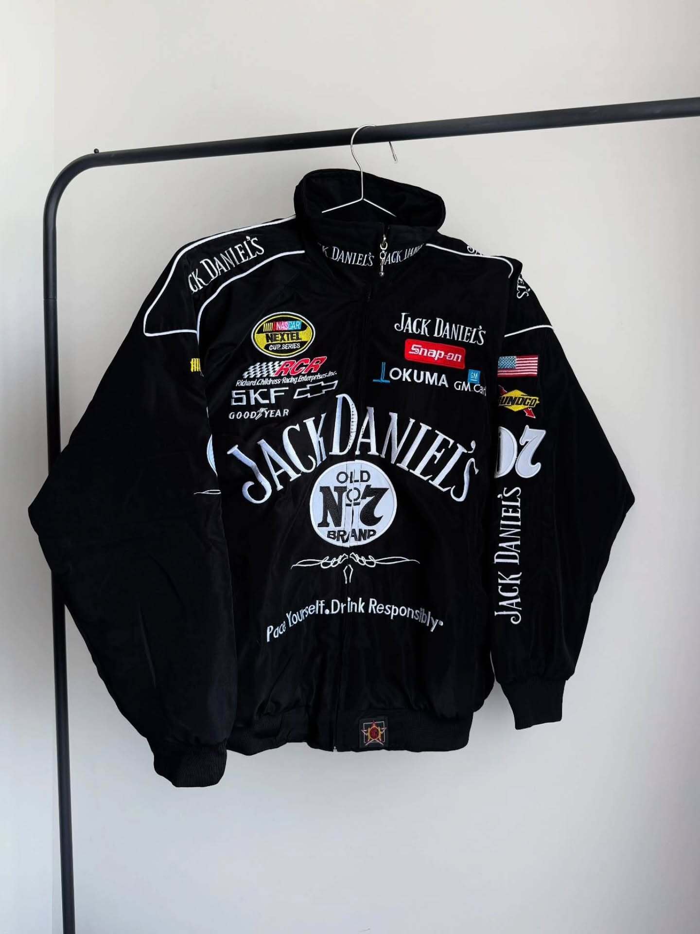 Gigavibe Jack Daniel’s Racing Jacket front view – Whiskey brand streetwear bomber